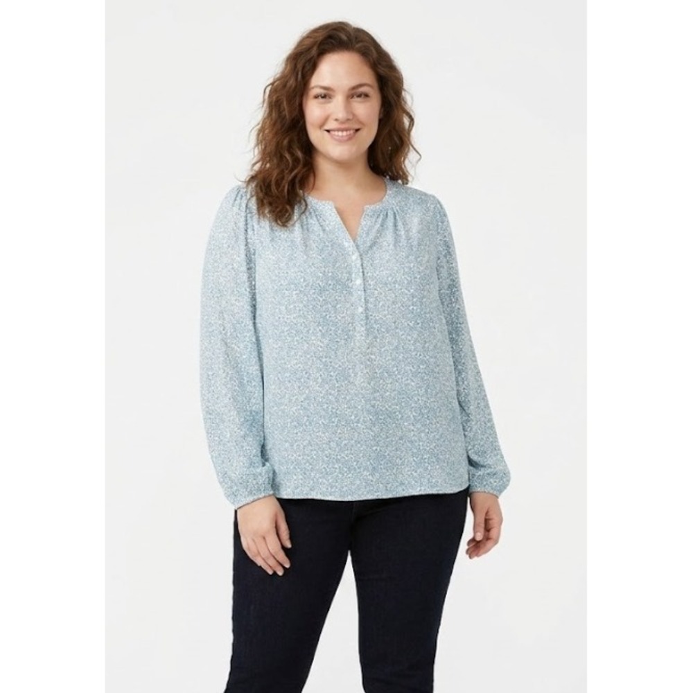 New LOFT Henley Blouse XXL Blue White Ditsy Floral Long Sleeve Feminine Preppy